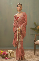 Peach Upada Silk Saree with Embroidered Lace Border & Designer Blouse