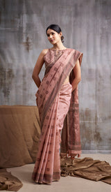 Peach Modal Cotton Saree with Floral Motifs & Traditional Tassel Pallu