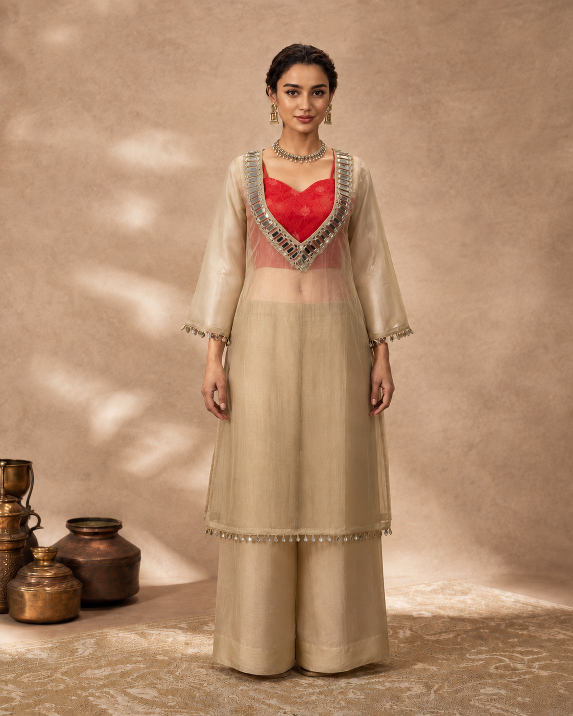 Beige Salsa Silk Mirror Work Palazzo Set with Inner