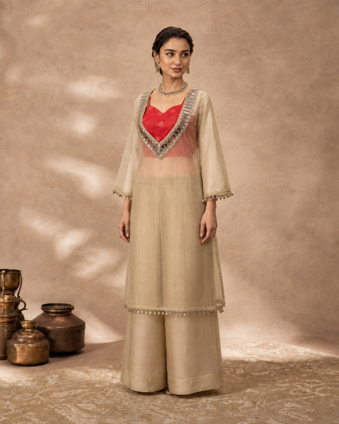Beige Salsa Silk Mirror Work Palazzo Set with Inner
