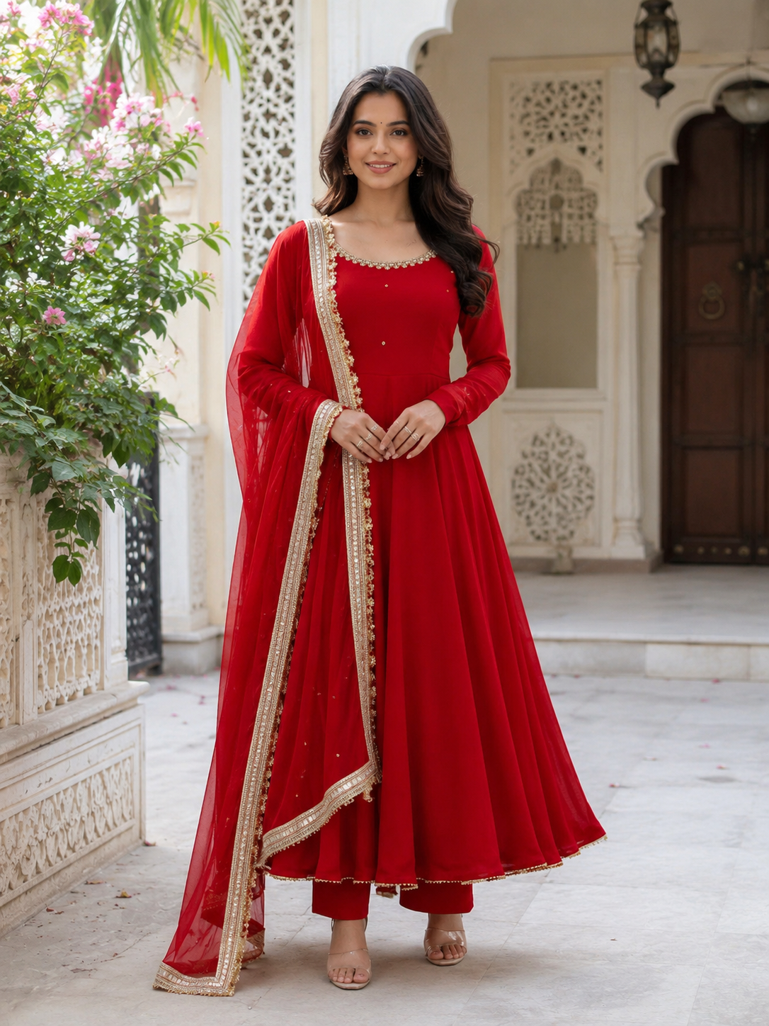 Red Flared Anarkali Suit with Embellished Dupatta