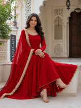 Red Flared Anarkali Suit with Embellished Dupatta