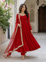 Red Flared Anarkali Suit with Embellished Dupatta