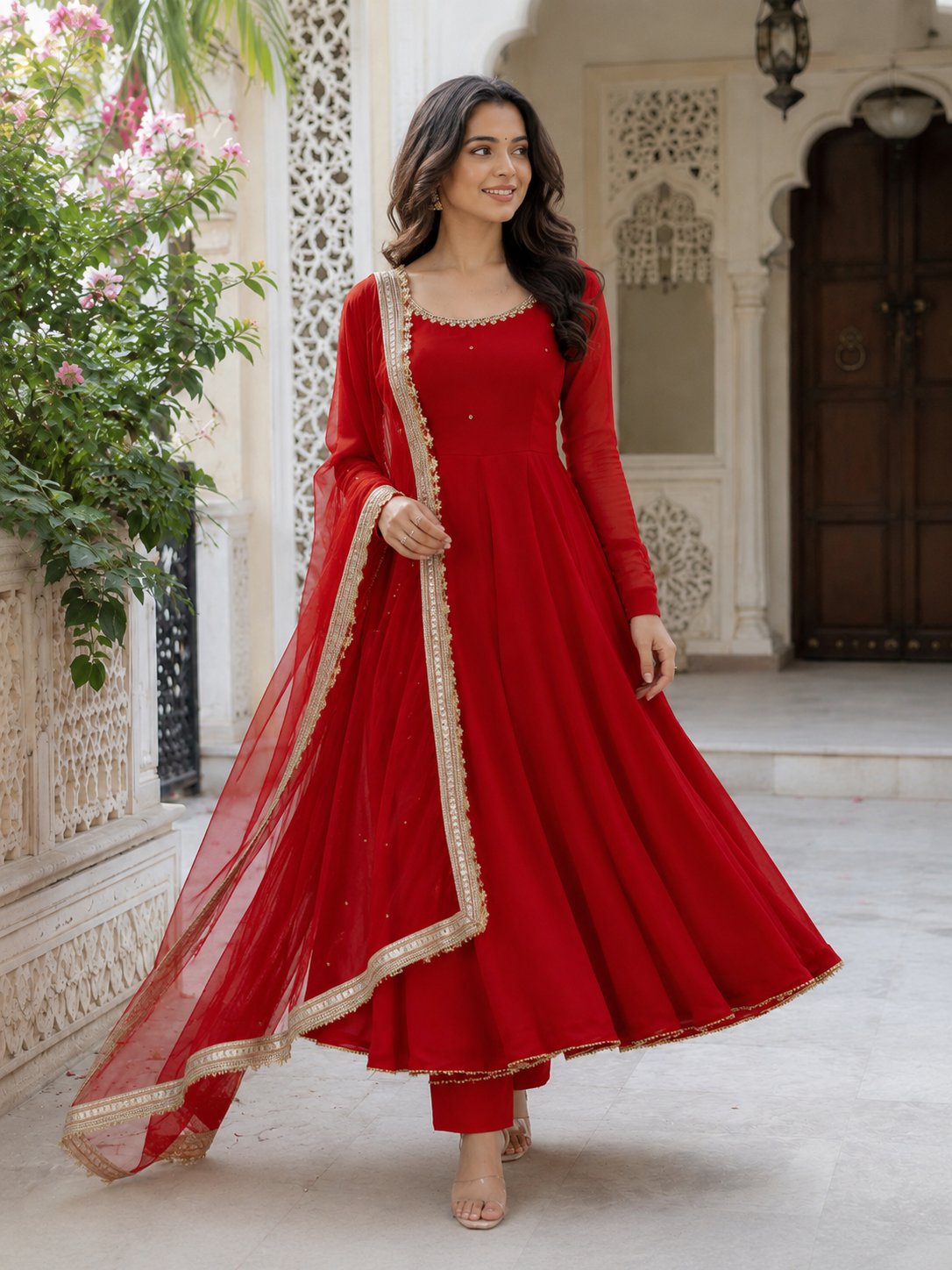 Red Flared Anarkali Suit with Embellished Dupatta