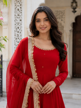 Red Flared Anarkali Suit with Embellished Dupatta
