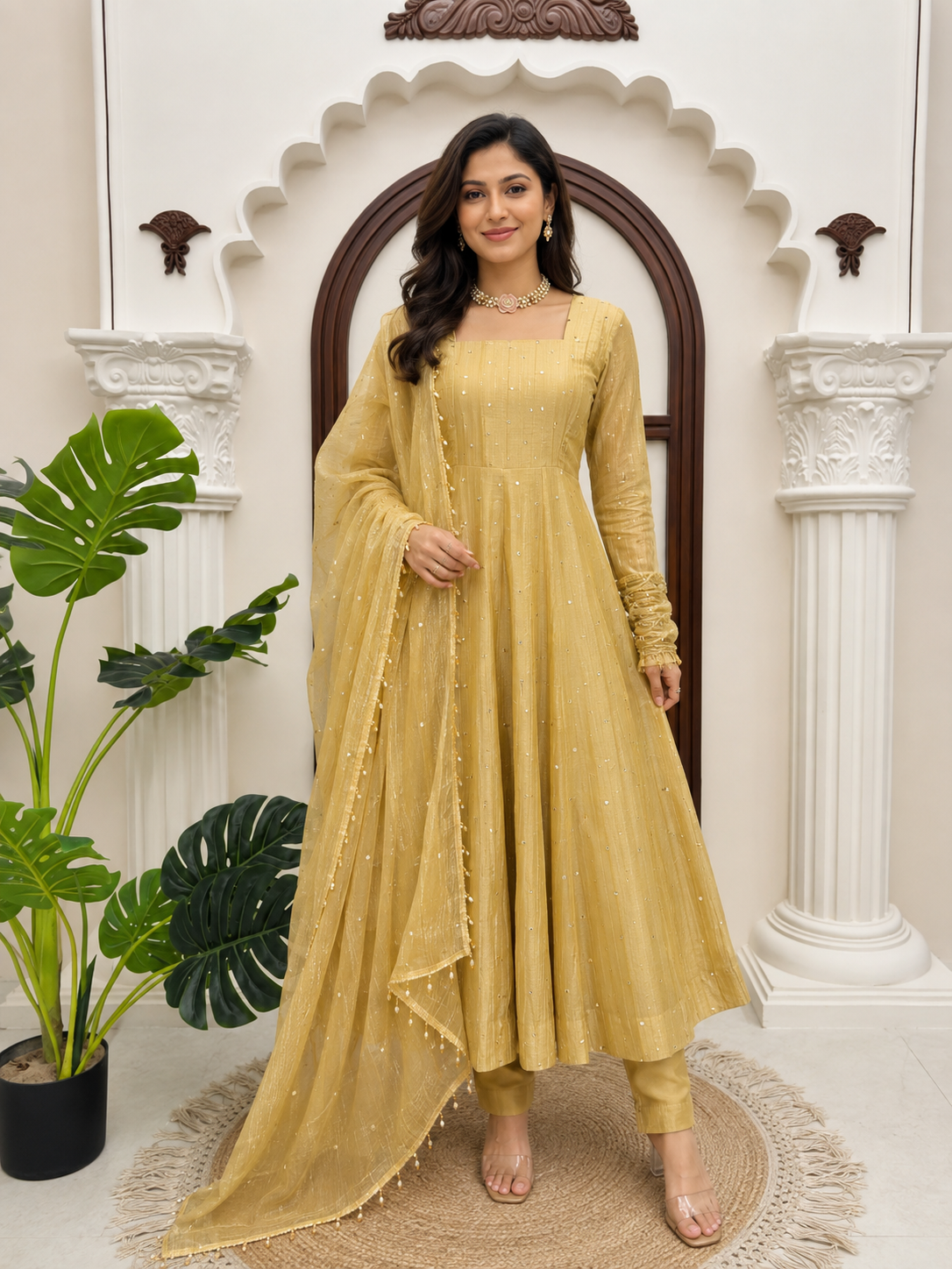 Mustard Yellow Flared Anarkali Suit with Embellished Dupatta