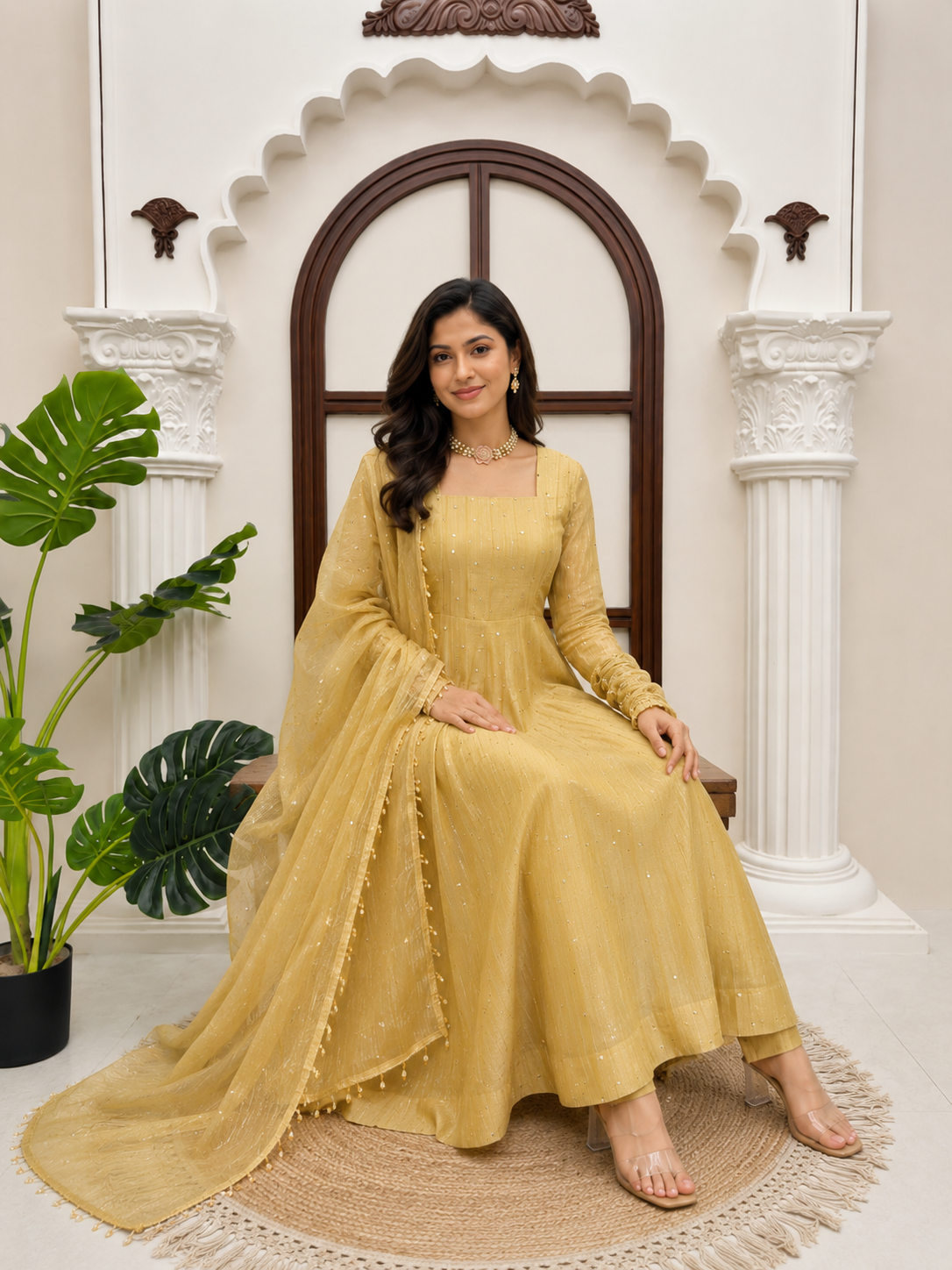 Mustard Yellow Flared Anarkali Suit with Embellished Dupatta