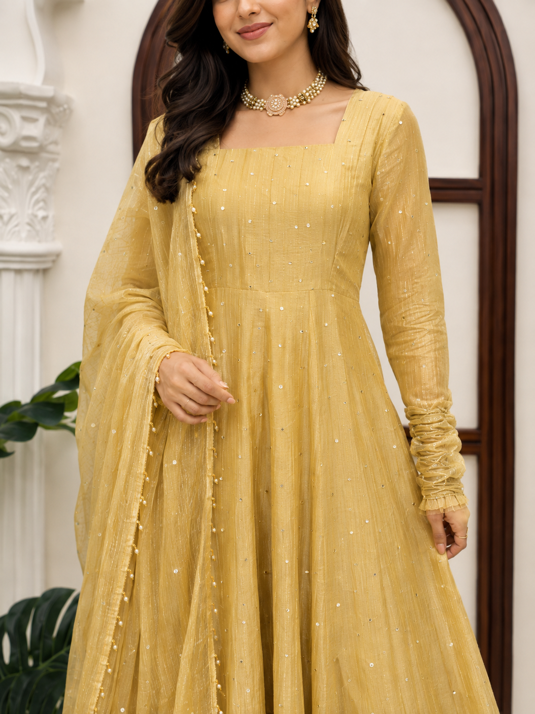 Mustard Yellow Flared Anarkali Suit with Embellished Dupatta