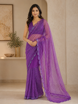 Purple Sequin Embroidered Net Saree with Scalloped Border