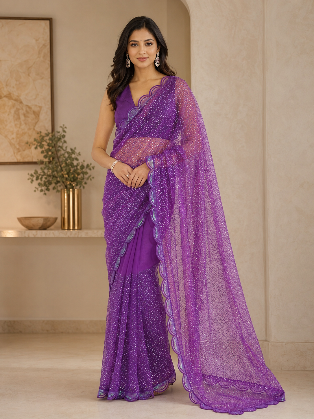 Purple Sequin Embroidered Net Saree with Scalloped Border