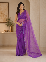 Purple Sequin Embroidered Net Saree with Scalloped Border