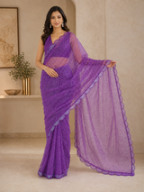Purple Sequin Embroidered Net Saree with Scalloped Border