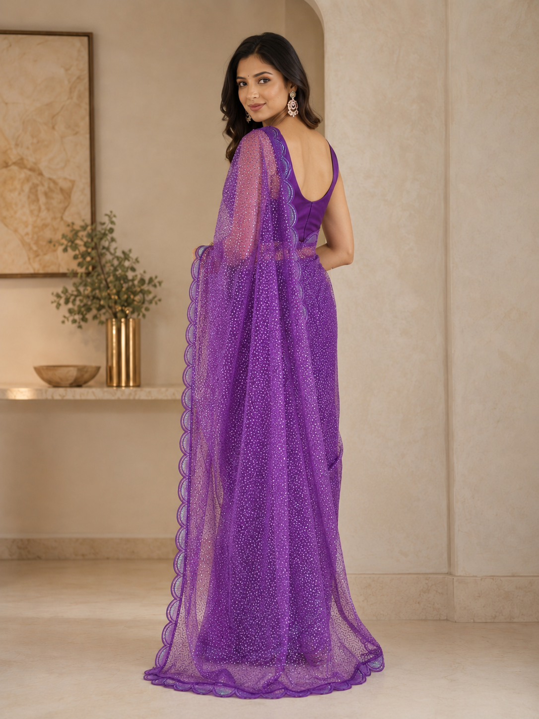 Purple Sequin Embroidered Net Saree with Scalloped Border