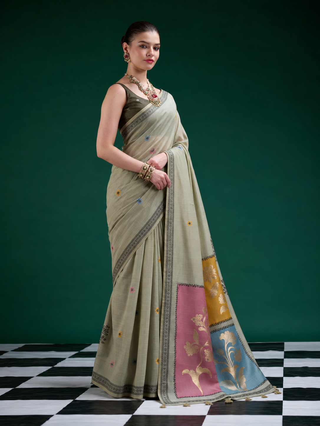 Olive Green Jamdani Cotton Saree With Gold Floral Woven Pallu & Tassel Detailing