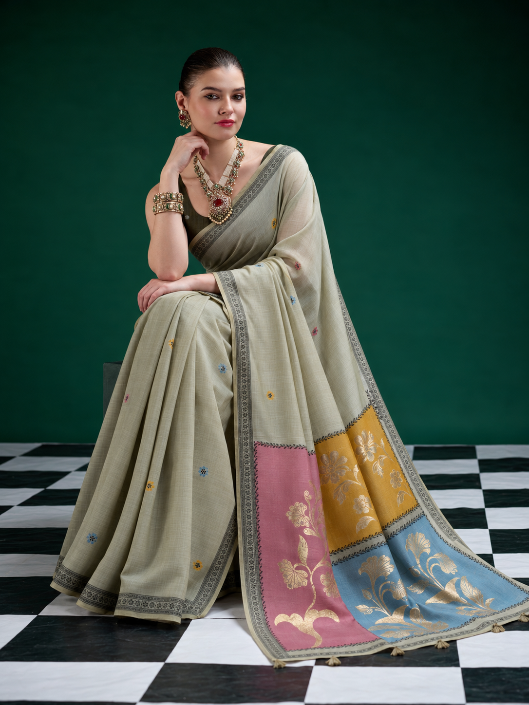 Olive Green Jamdani Cotton Saree With Gold Floral Woven Pallu & Tassel Detailing
