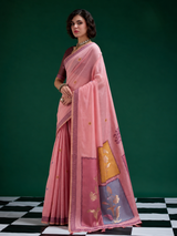 Designer Pink Jamdani Cotton Saree With Floral Zari Weaving & Tassel Pallu