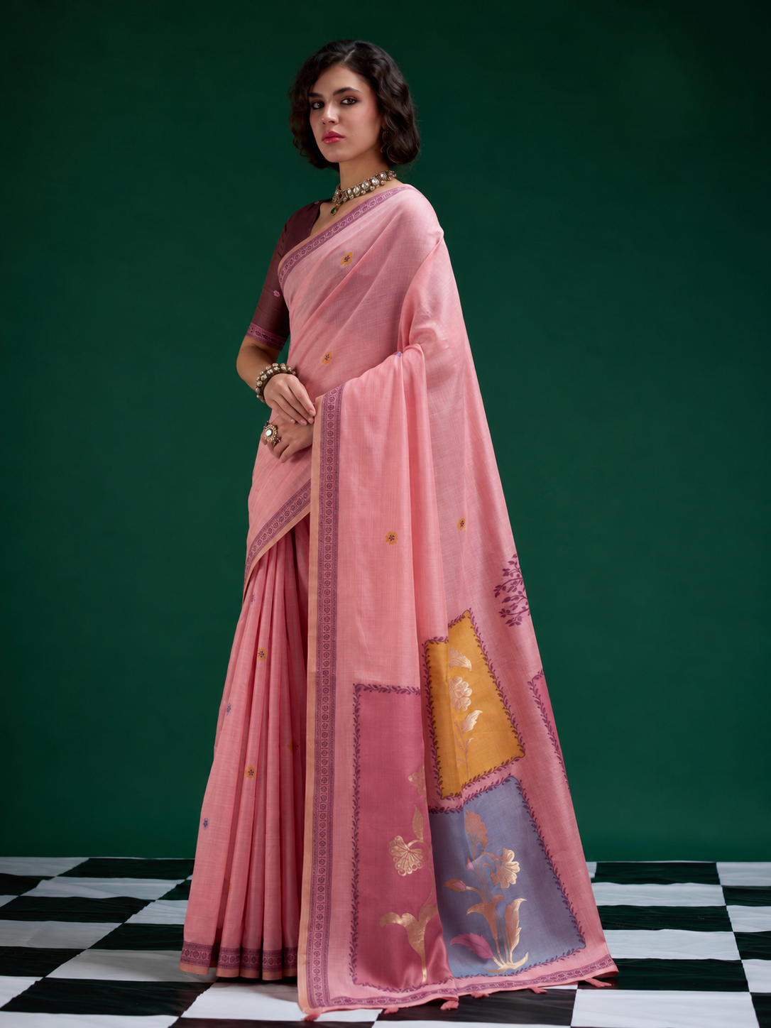Designer Pink Jamdani Cotton Saree With Floral Zari Weaving & Tassel Pallu