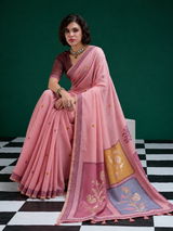 Designer Pink Jamdani Cotton Saree With Floral Zari Weaving & Tassel Pallu