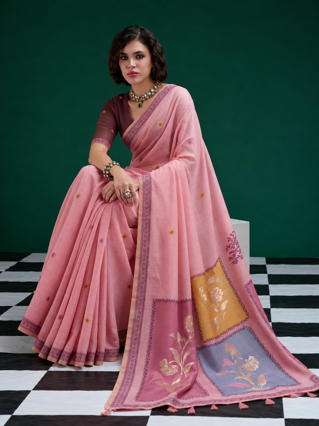 Designer Pink Jamdani Cotton Saree With Floral Zari Weaving & Tassel Pallu