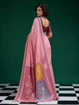 Designer Pink Jamdani Cotton Saree With Floral Zari Weaving & Tassel Pallu