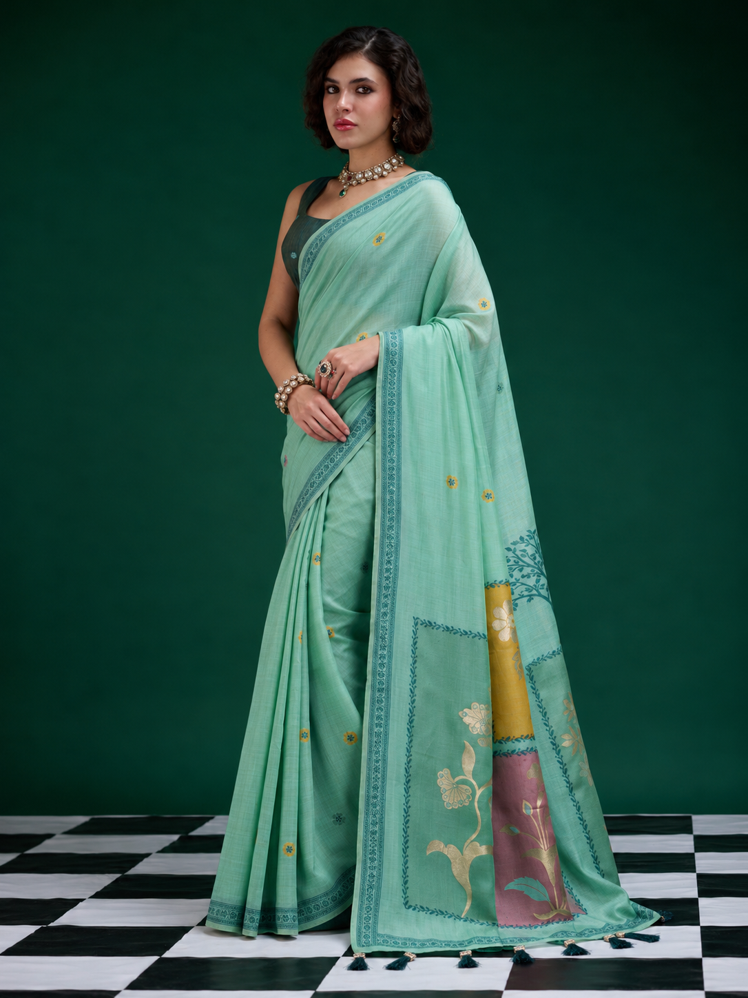 Turquoise Handwoven Saree With Artistic Floral Patchwork Pallu