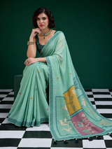 Turquoise Handwoven Saree With Artistic Floral Patchwork Pallu