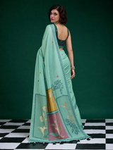 Turquoise Handwoven Saree With Artistic Floral Patchwork Pallu