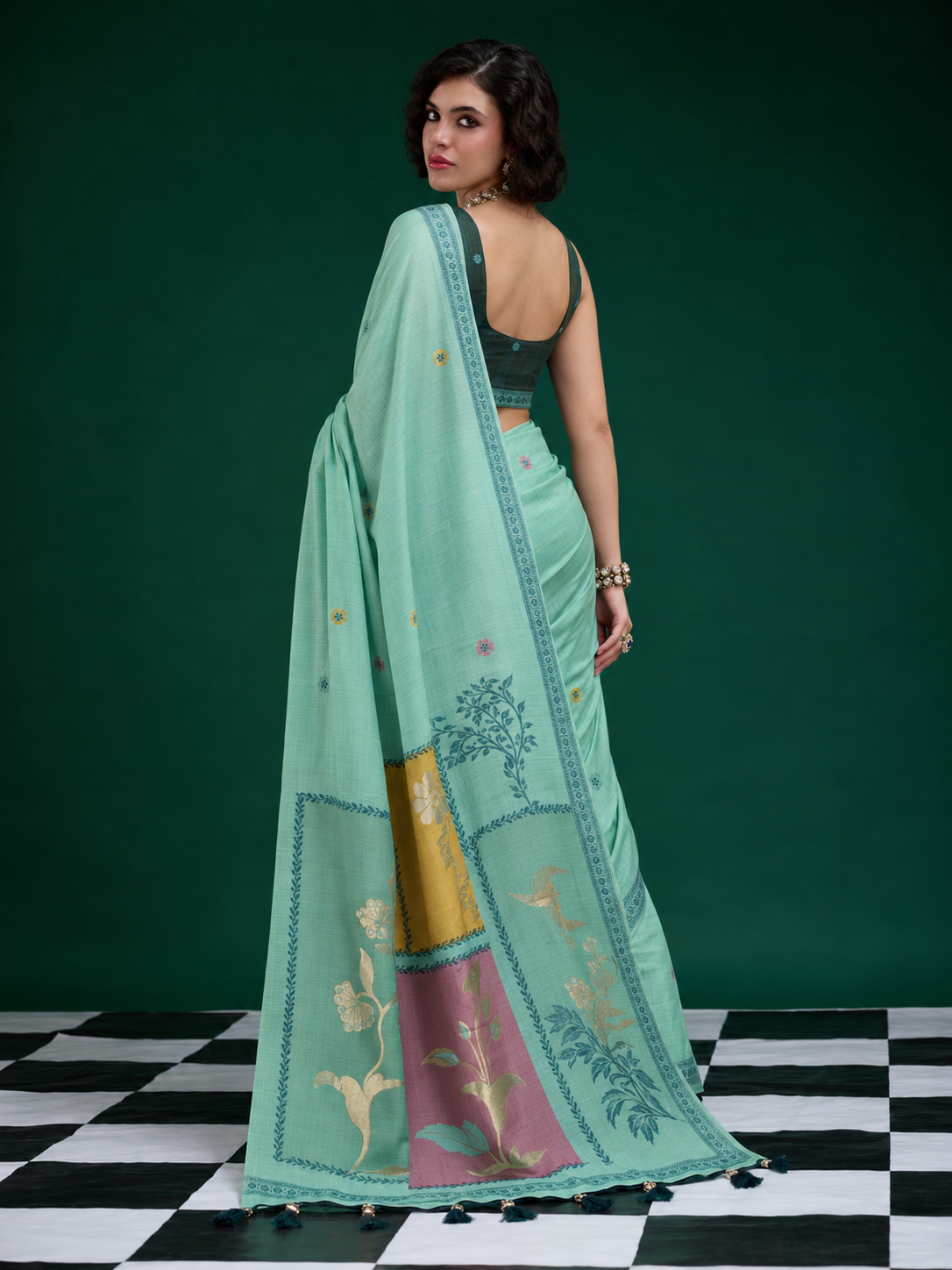 Turquoise Handwoven Saree With Artistic Floral Patchwork Pallu