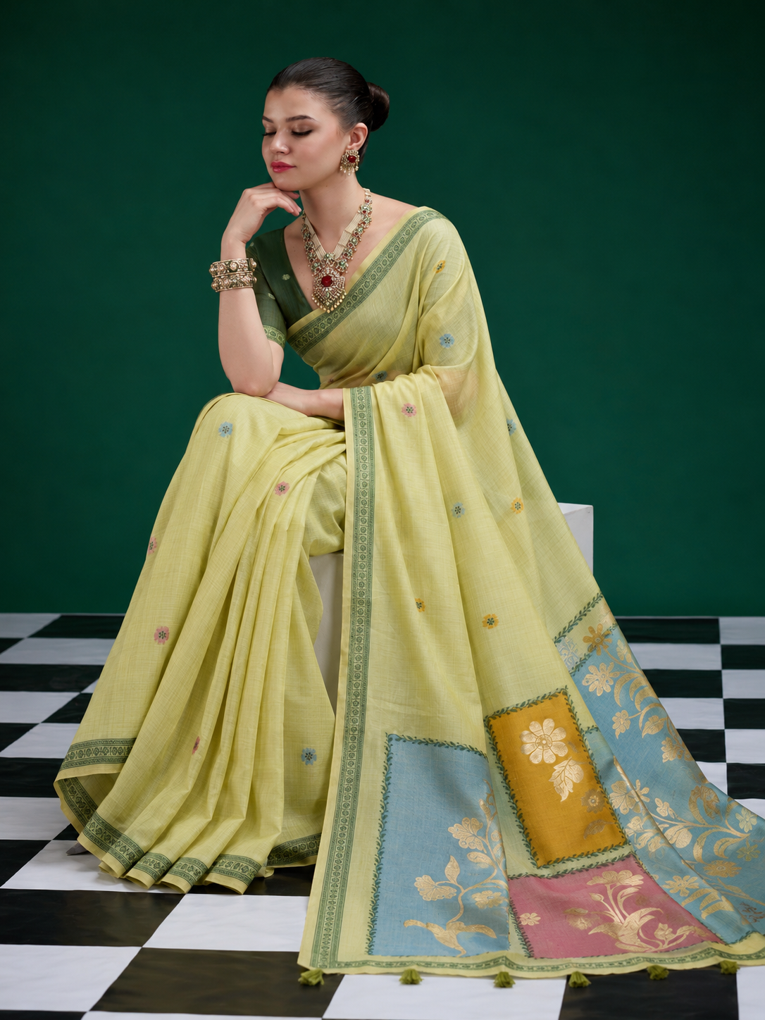 Green Jamdani Cotton Saree with Multicolour Floral Pallu