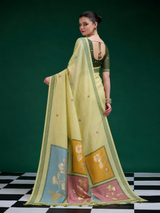 Green Jamdani Cotton Saree with Multicolour Floral Pallu