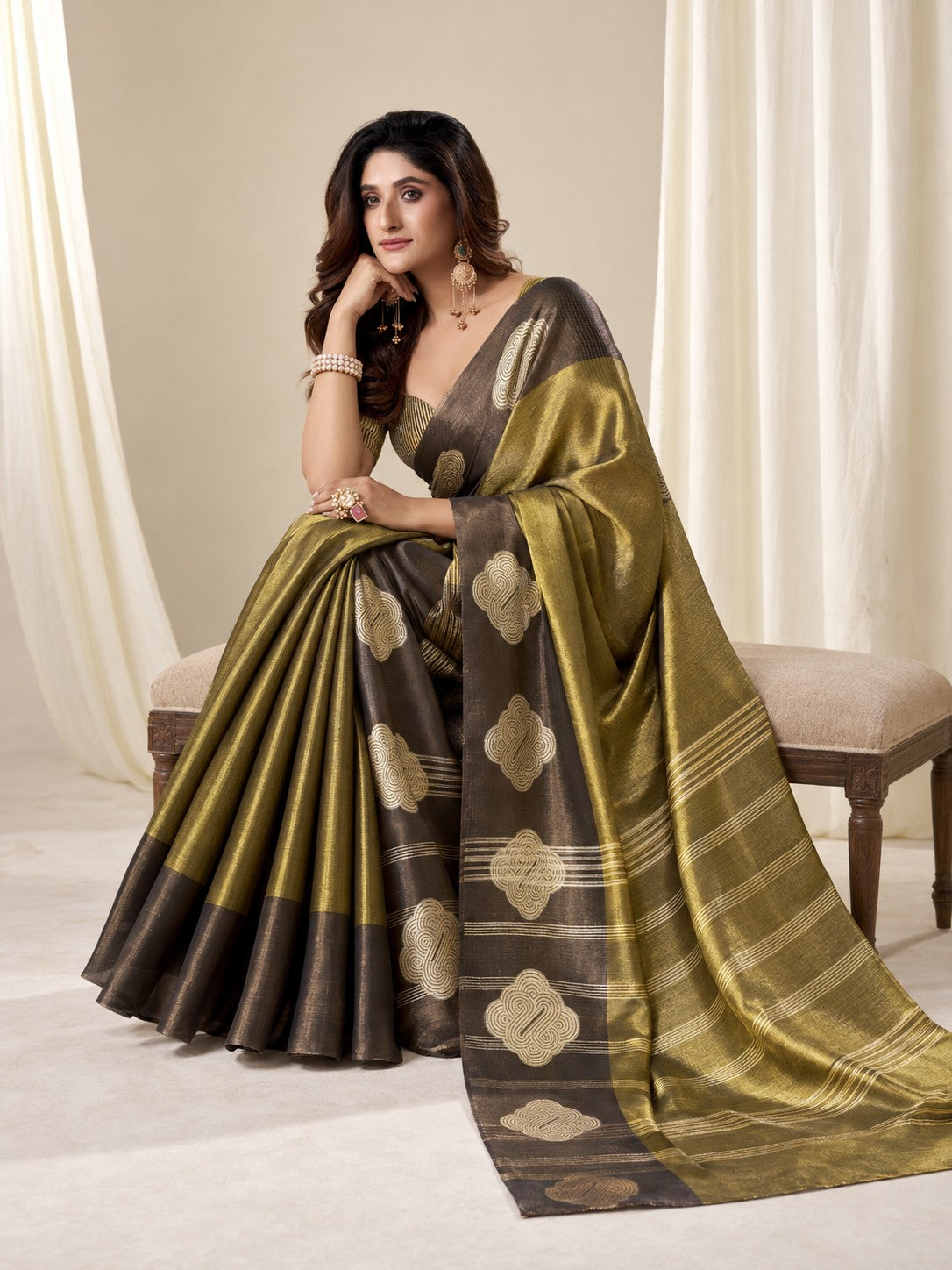 Brass Gold Handloom Tissue Soft Silk Saree with Gold Motifs & Contrast Border