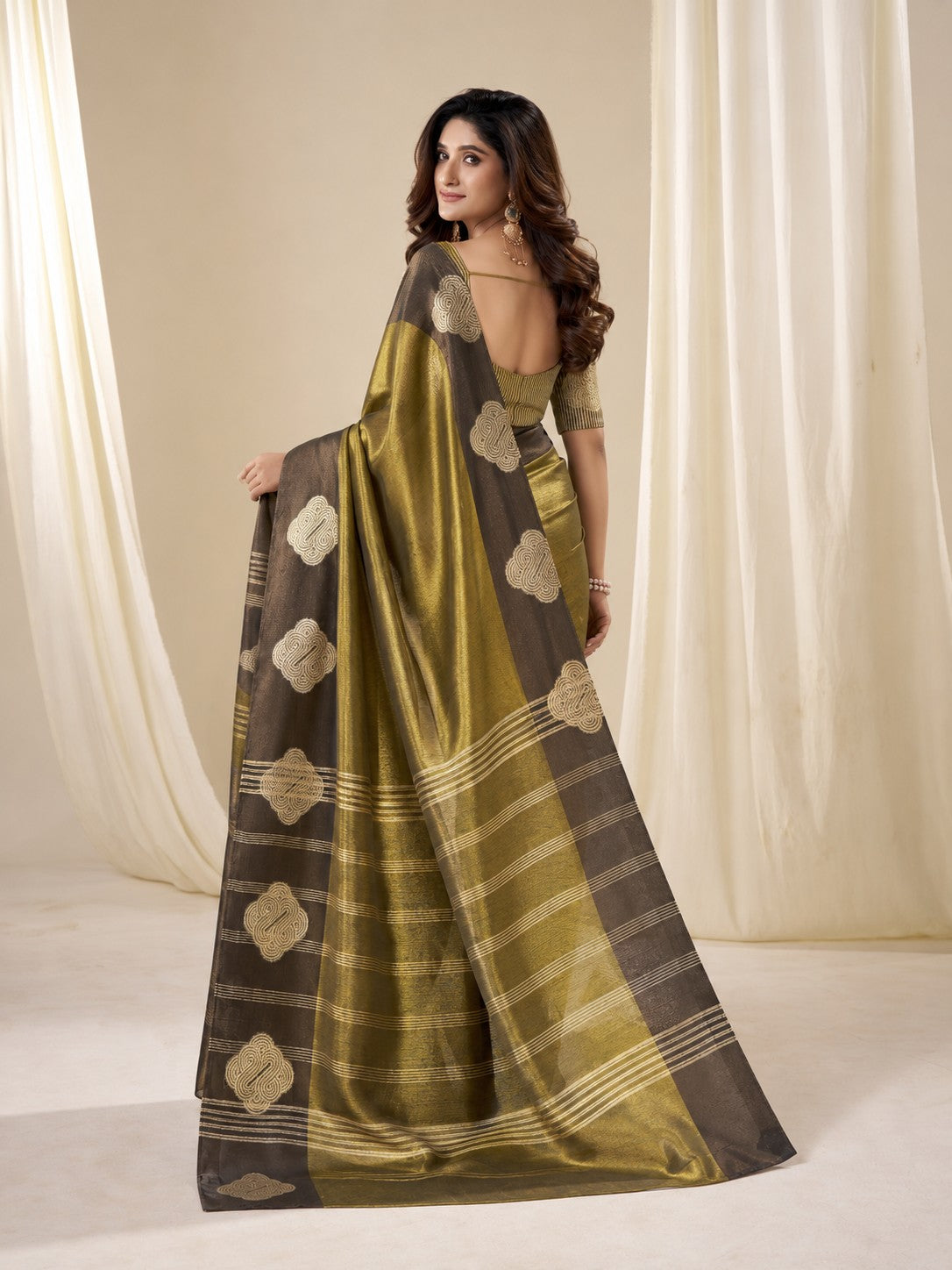 Brass Gold Handloom Tissue Soft Silk Saree with Gold Motifs & Contrast Border