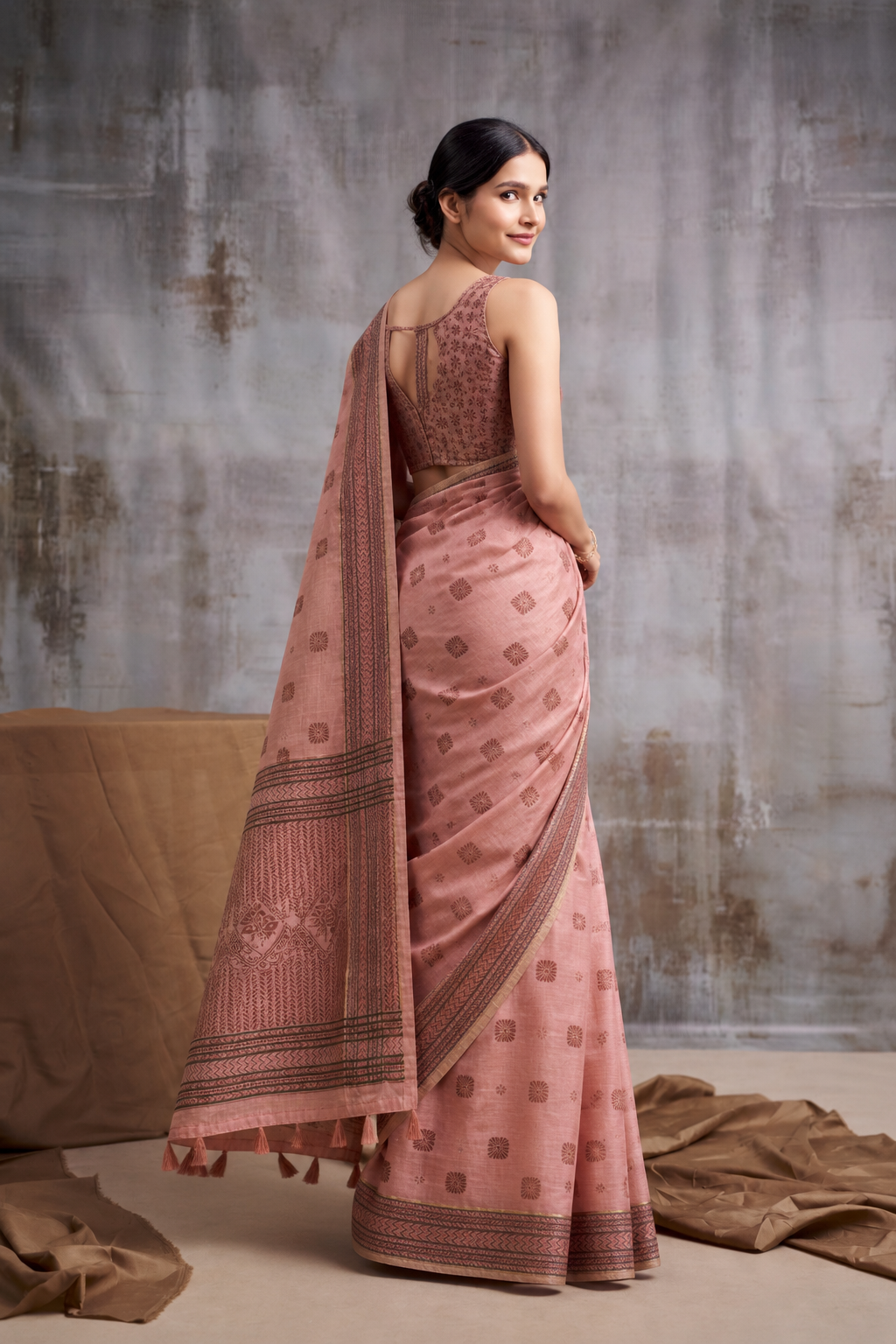 Peach Modal Cotton Saree with Floral Motifs & Traditional Tassel Pallu