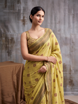 Yellow Modal Cotton Saree with Floral Motifs & Traditional Tassel Pallu