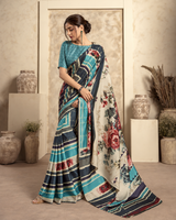 Teal Blue Satin Silk Saree with Geometric Prints & Floral Pallu
