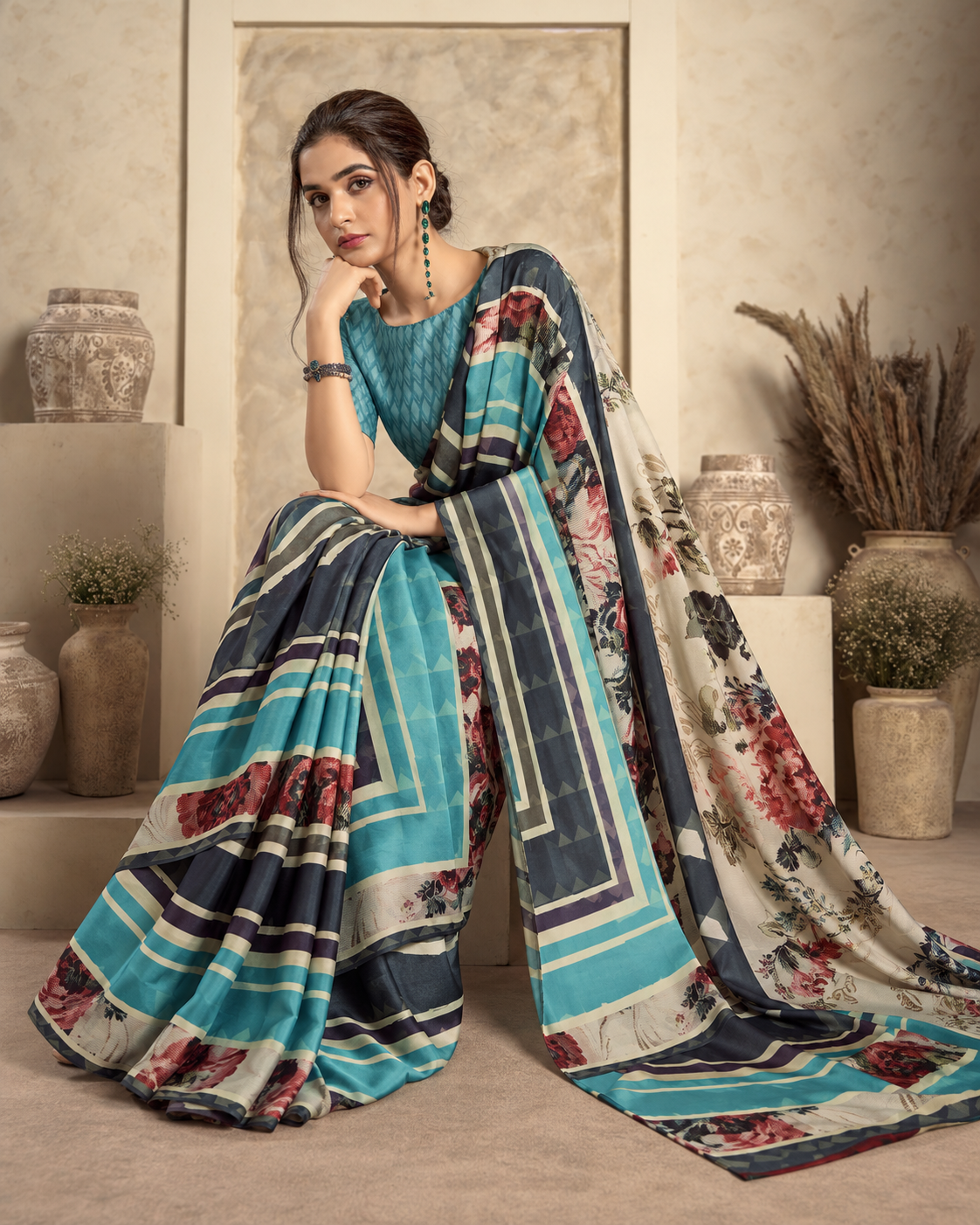 Teal Blue Satin Silk Saree with Geometric Prints & Floral Pallu