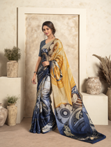 Navy Blue Satin Silk Saree with Abstract Art Print & Contrast Pallu
