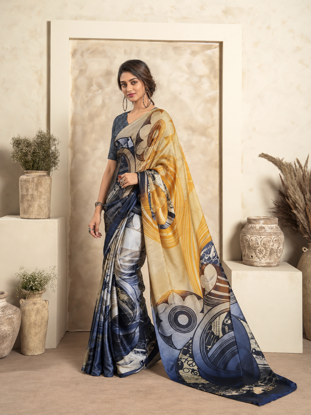 Navy Blue Satin Silk Saree with Abstract Art Print & Contrast Pallu