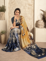 Navy Blue Satin Silk Saree with Abstract Art Print & Contrast Pallu
