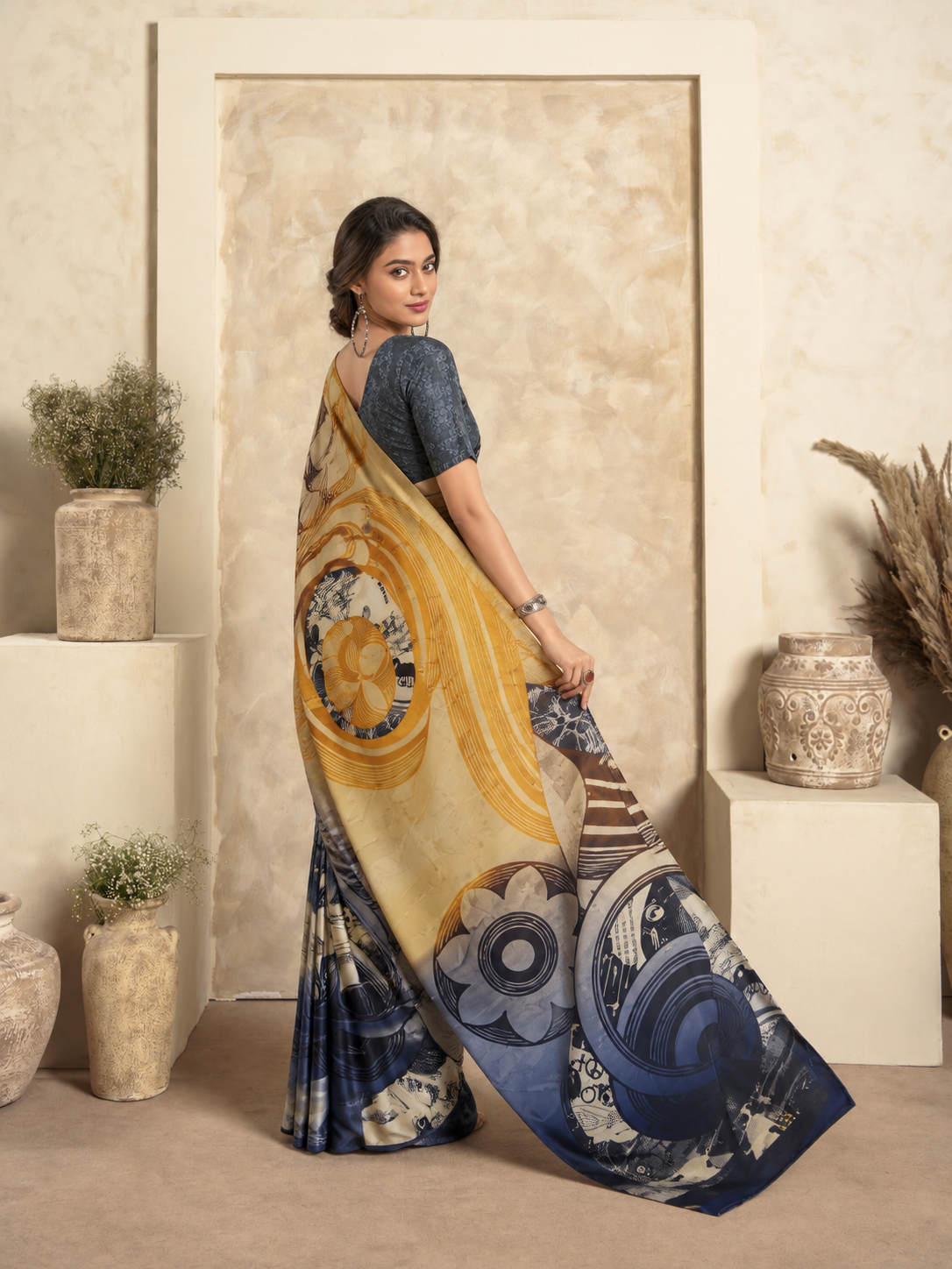 Navy Blue Satin Silk Saree with Abstract Art Print & Contrast Pallu