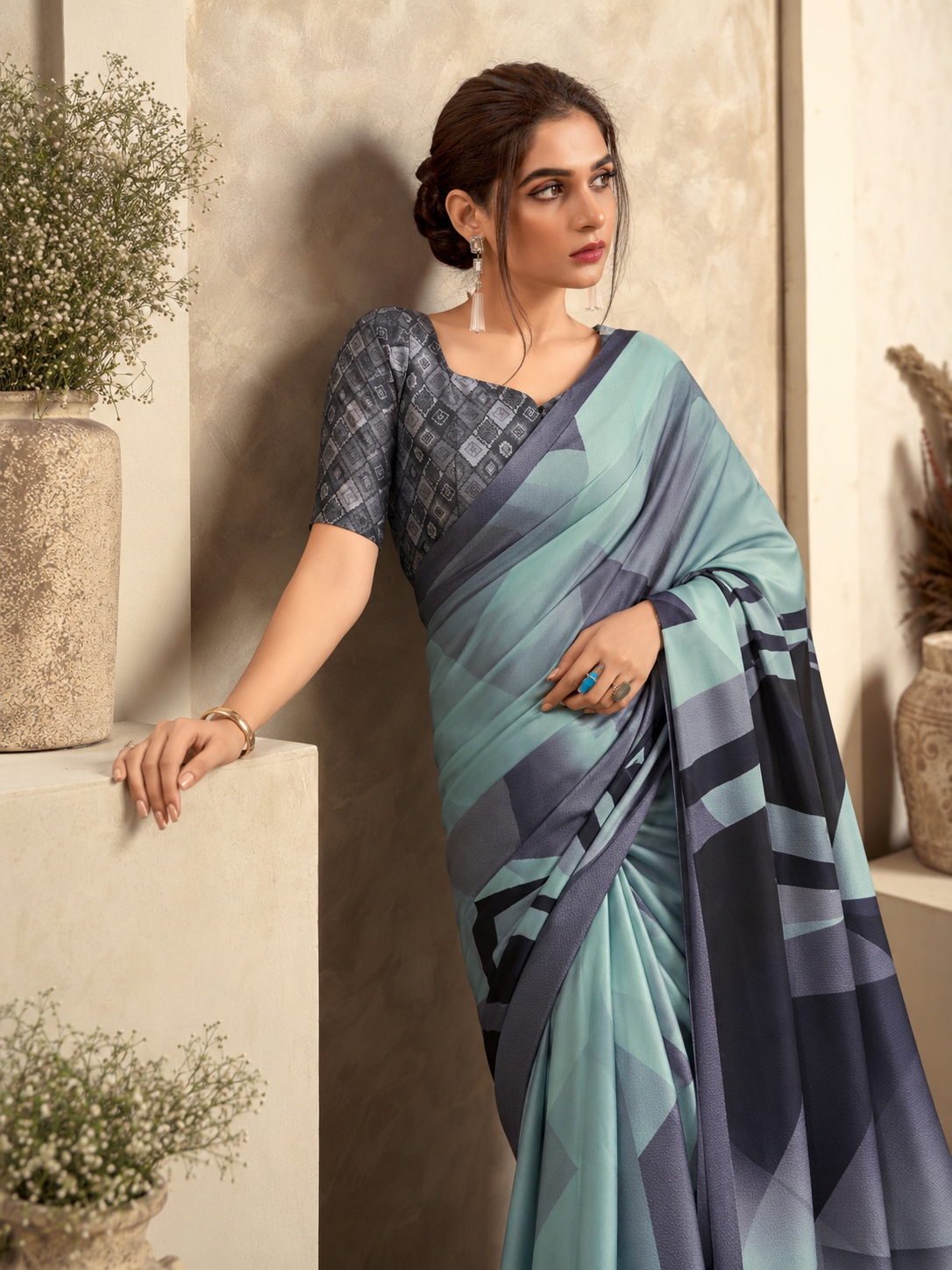 Sea Green Satin Silk Saree with Modern Geometric Print & Contrast Pallu