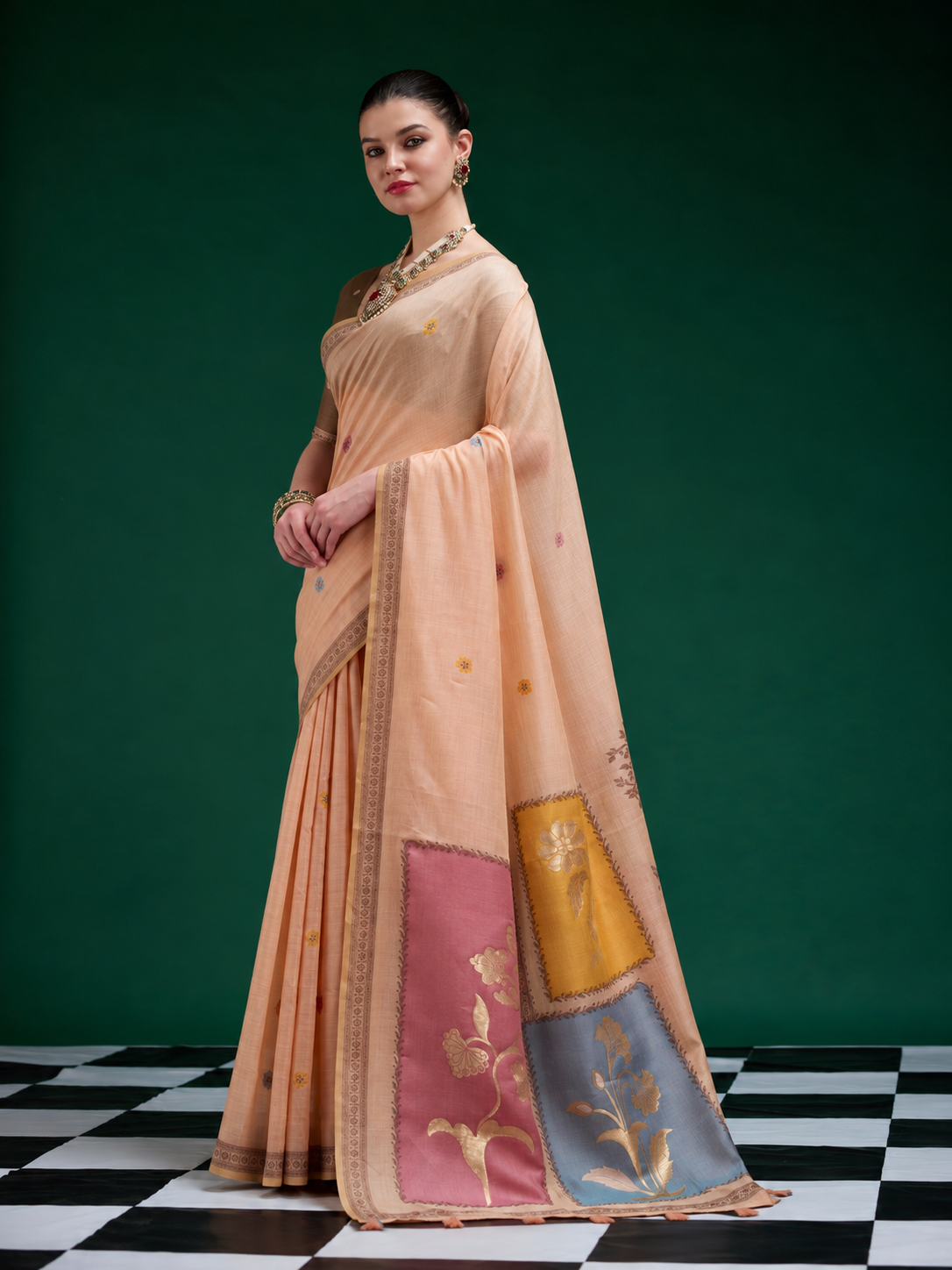Designer Peach Jamdani Cotton Saree With Floral Woven Pallu & Tassel Detailing
