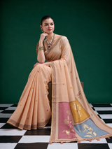 Designer Peach Jamdani Cotton Saree With Floral Woven Pallu & Tassel Detailing
