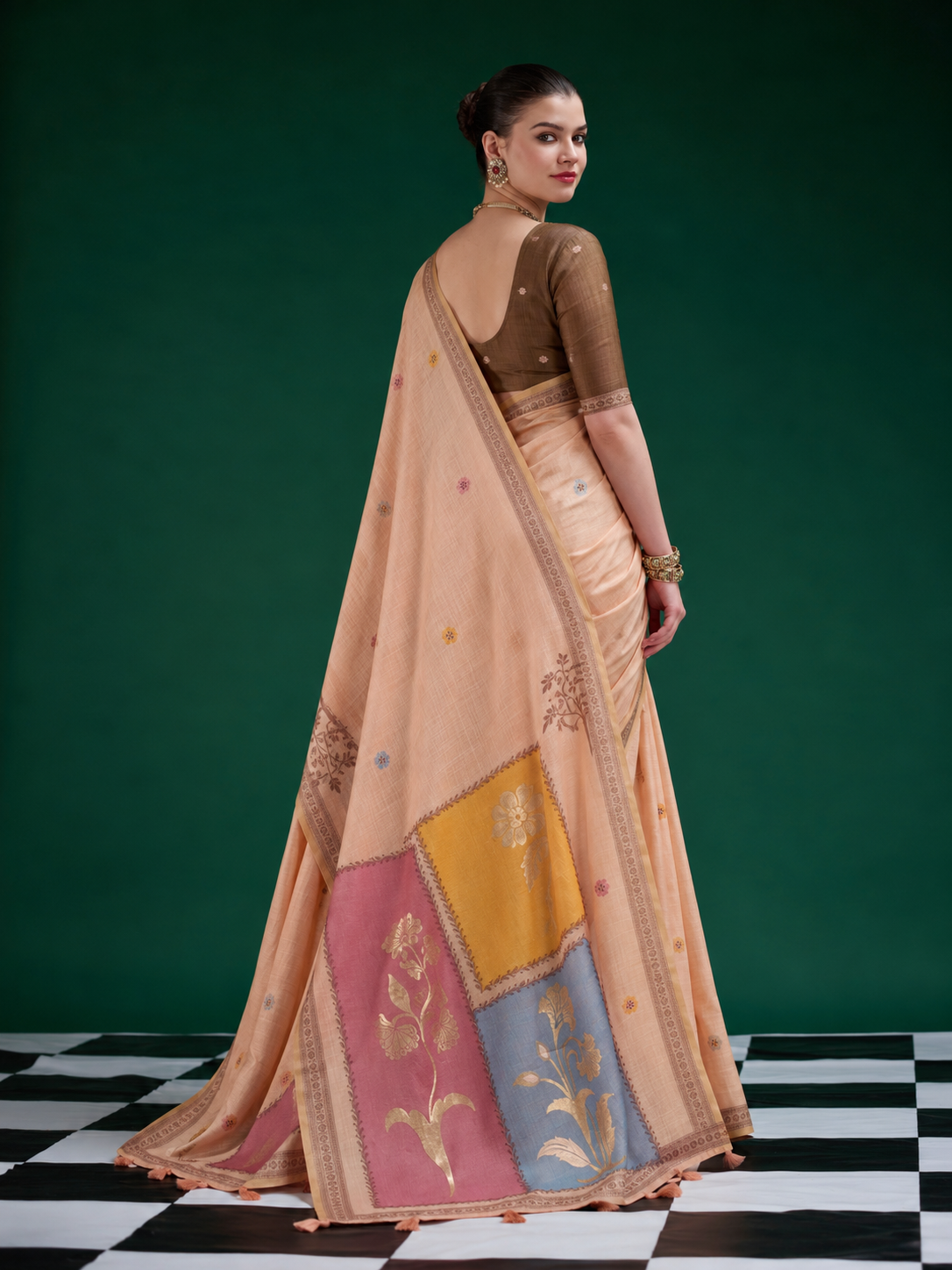 Designer Peach Jamdani Cotton Saree With Floral Woven Pallu & Tassel Detailing