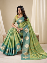 Light Green Handloom Tissue Silk Saree with Gold Woven Motifs