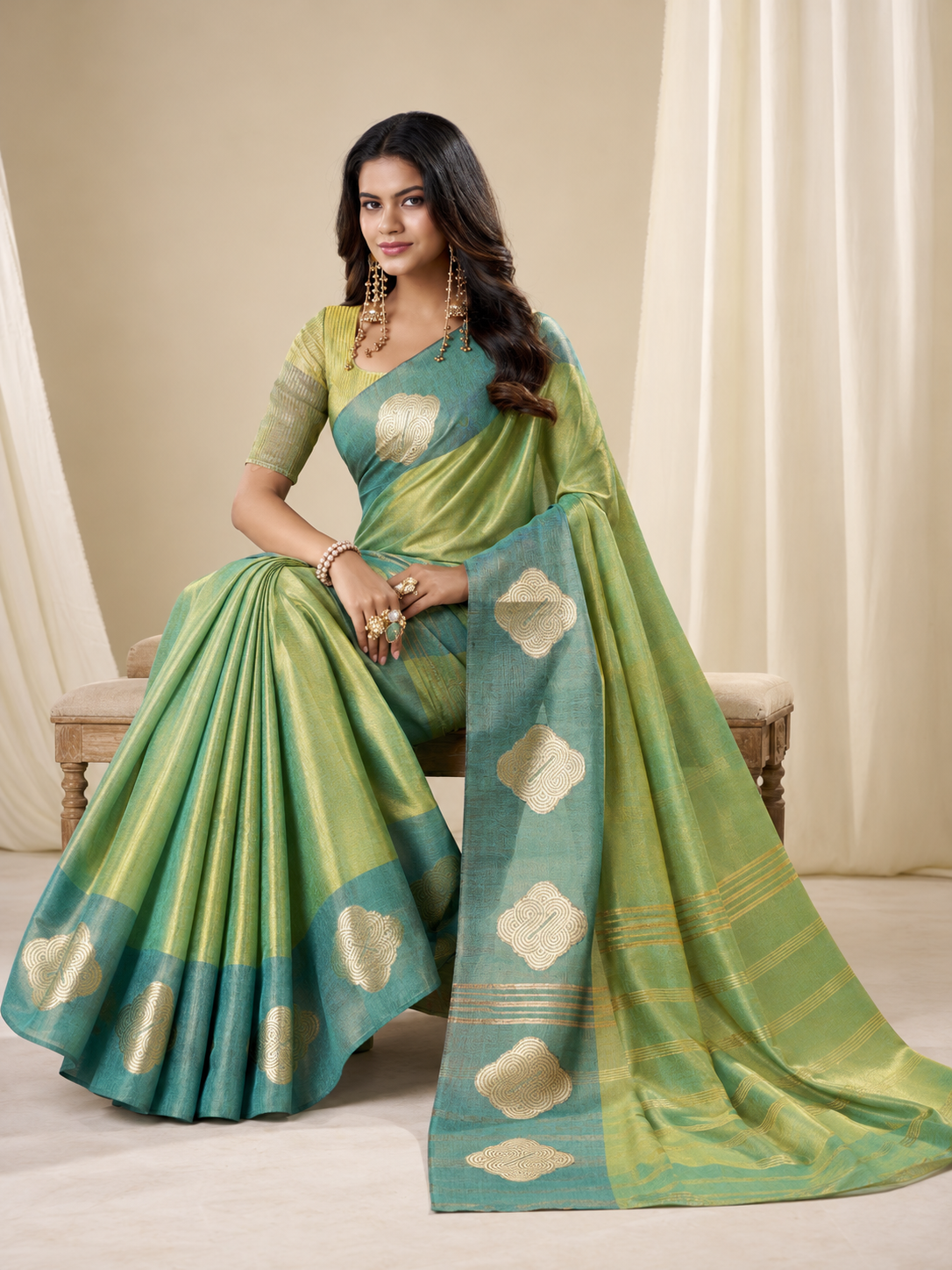 Light Green Handloom Tissue Silk Saree with Gold Woven Motifs