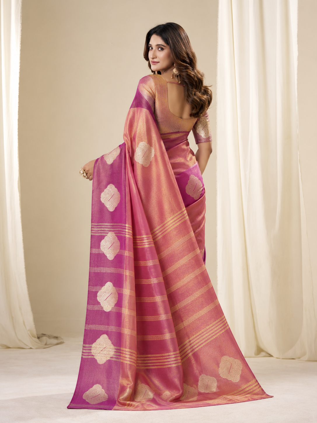 Rich Pink Handloom Tissue Silk Saree With Gold Woven Motifs