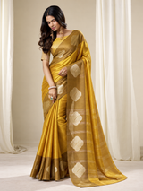 Mustard Yellow Handloom Tissue Silk Saree With Gold Woven Motifs & Rich Striped Pallu