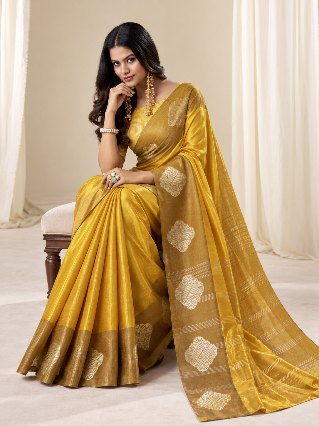 Mustard Yellow Handloom Tissue Silk Saree With Gold Woven Motifs & Rich Striped Pallu