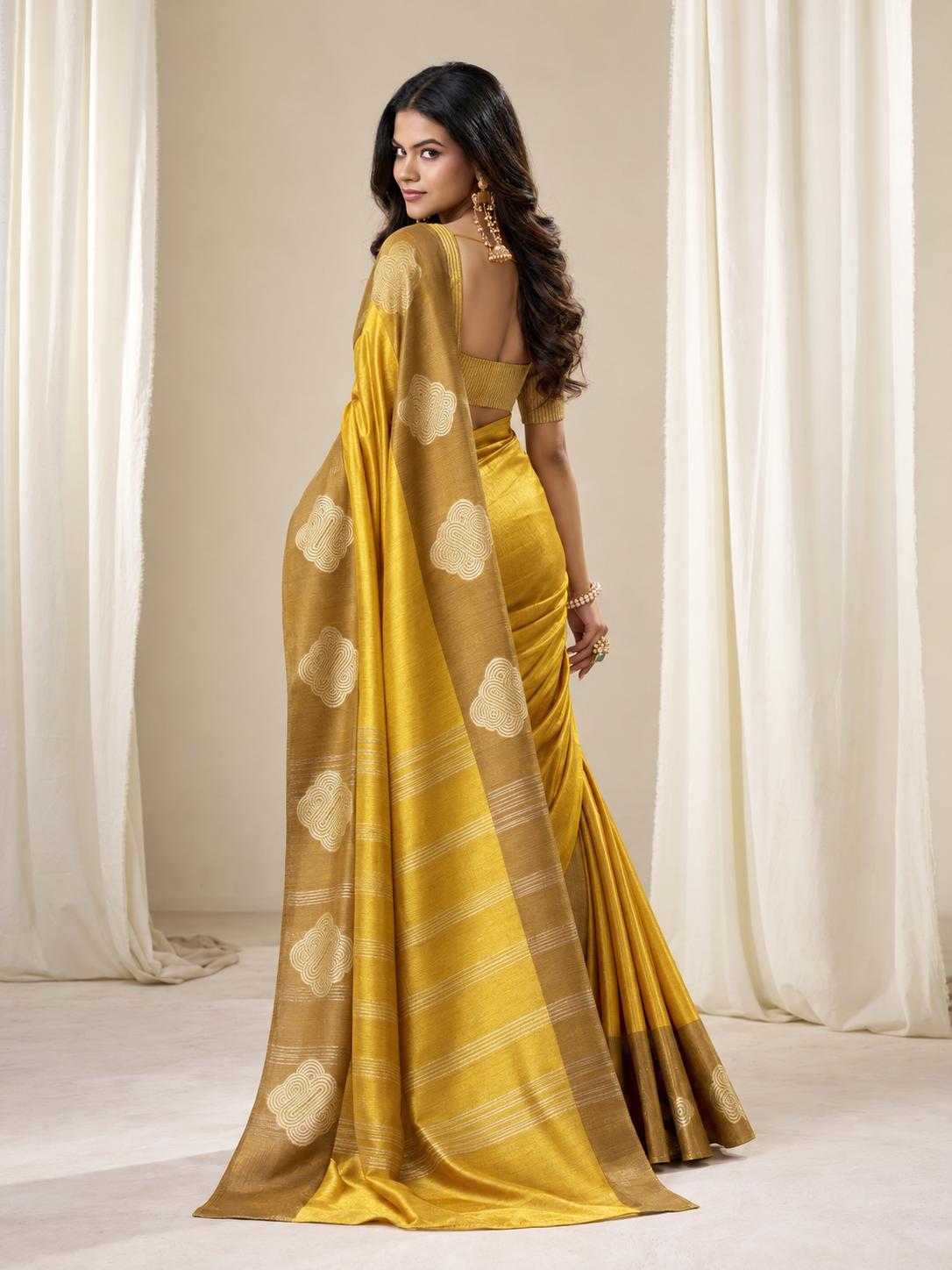 Mustard Yellow Handloom Tissue Silk Saree With Gold Woven Motifs & Rich Striped Pallu